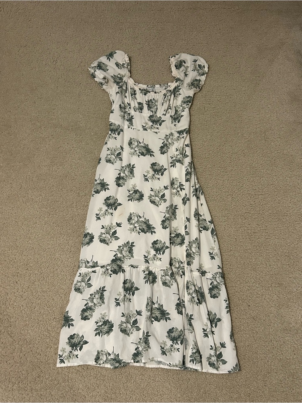 Hollister White Maxi Dress with Green Floral Print